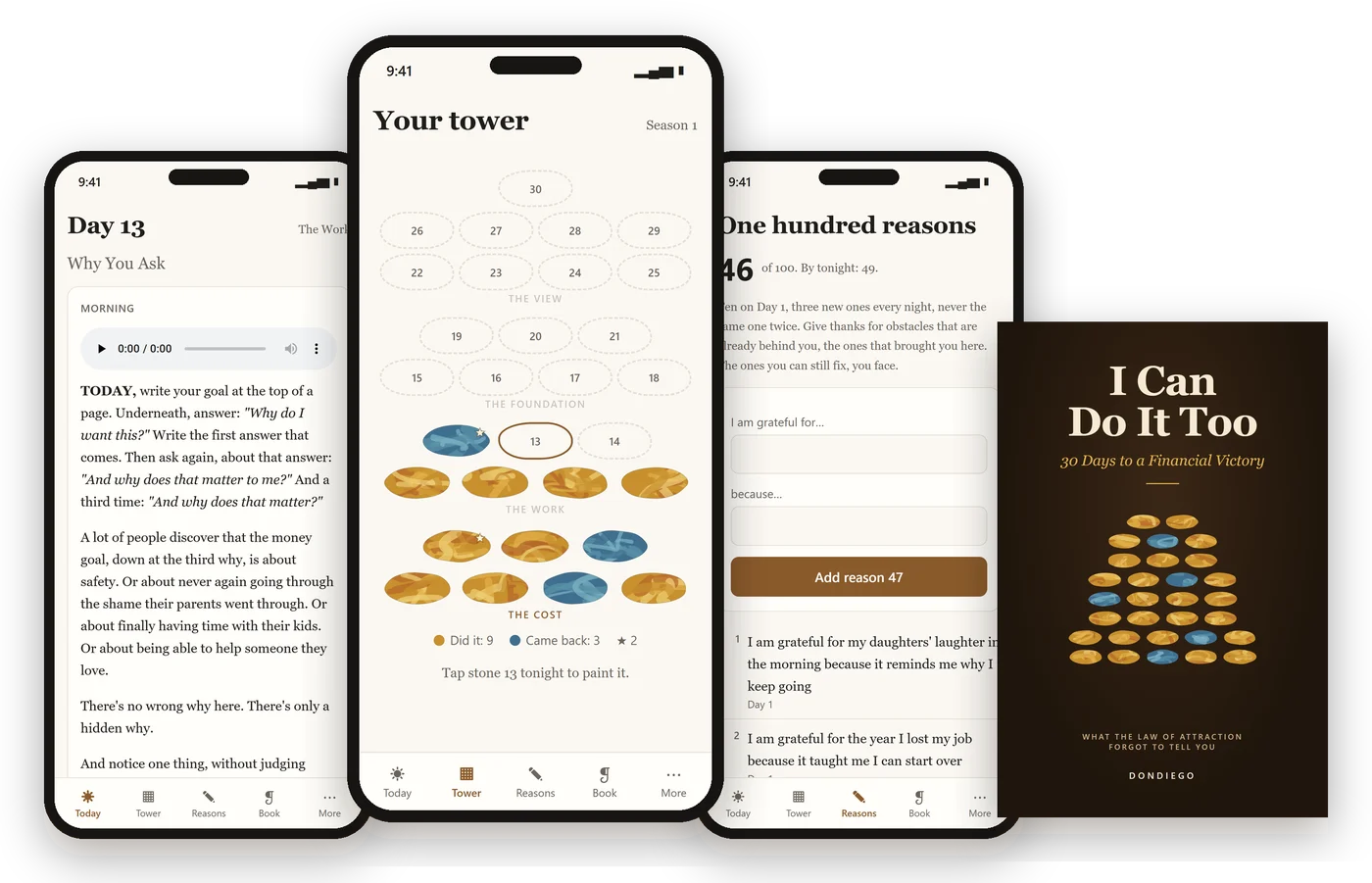 The I Can Do It Too app on three phones, showing Day 13, the tower of painted stones and the list of one hundred reasons, next to the book