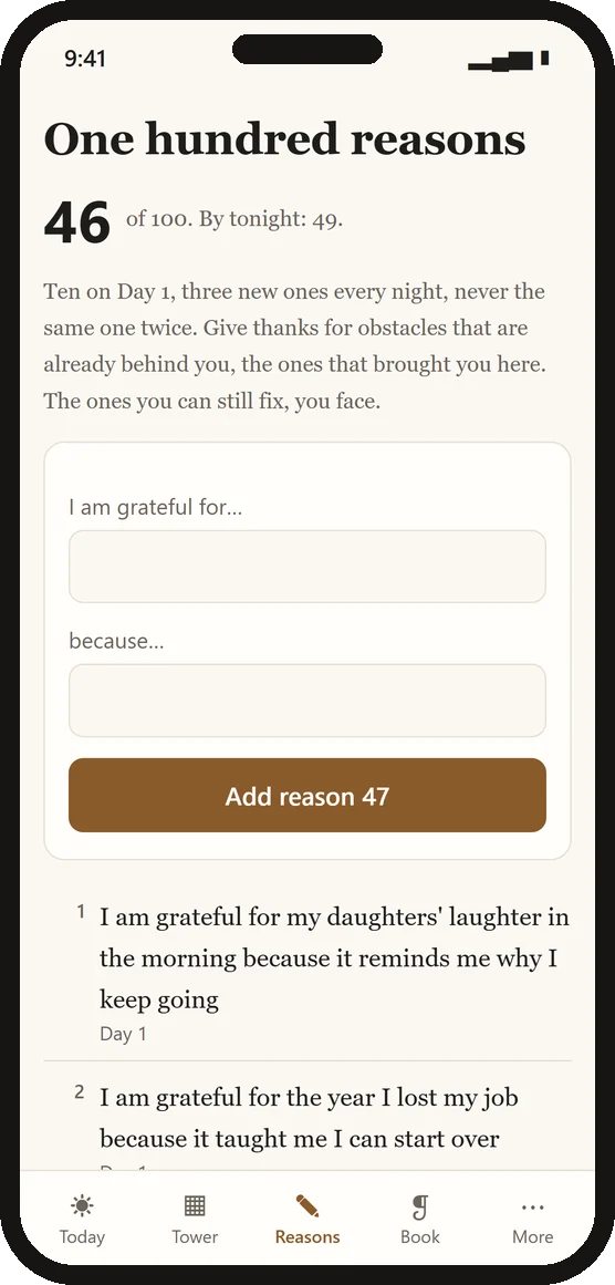 The list of one hundred reasons in the app